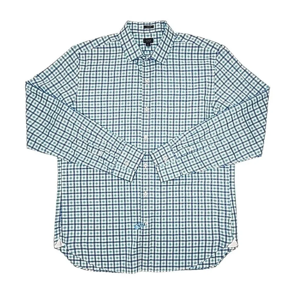J Crew Shirt 120s 2-Ply Blue White Check Plaid Men Sz XL Button Long Slv Cotton